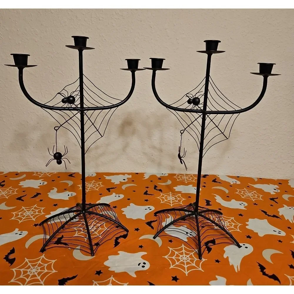Set Of 2 Gothic Black Spider Web Candelabra Candle Holders